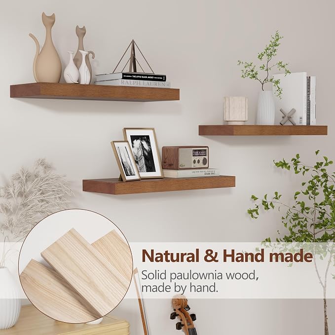 fuqing Rustic Floating Shelves, Wooden Floating Shelves for Wall Set of 3, Wall Mounted Dark Wood Shelves for Living Room Bedroom Bathroom Kitchen - Dark Walnut