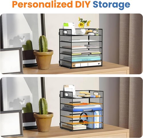 Daltack 6-Tier Paper Organizer - Mesh Desk File Tray with Handle for Office & Home | Black