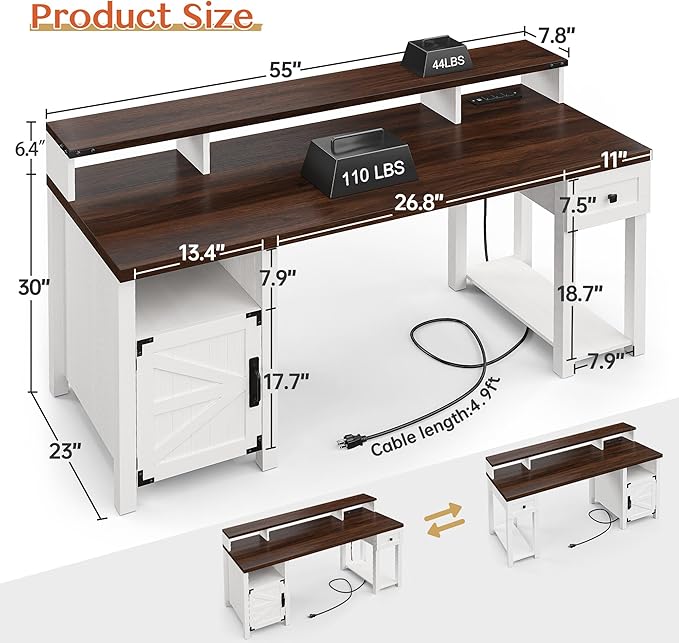 EnHomee Computer Desk with Drawers,23" D Home Office Desk with Storage,Wooden Desk with Monitor Stand,Farmhouse Desk with Printer Space and Power Outlets for Studio,Work, Study,Writing&Gaming,White