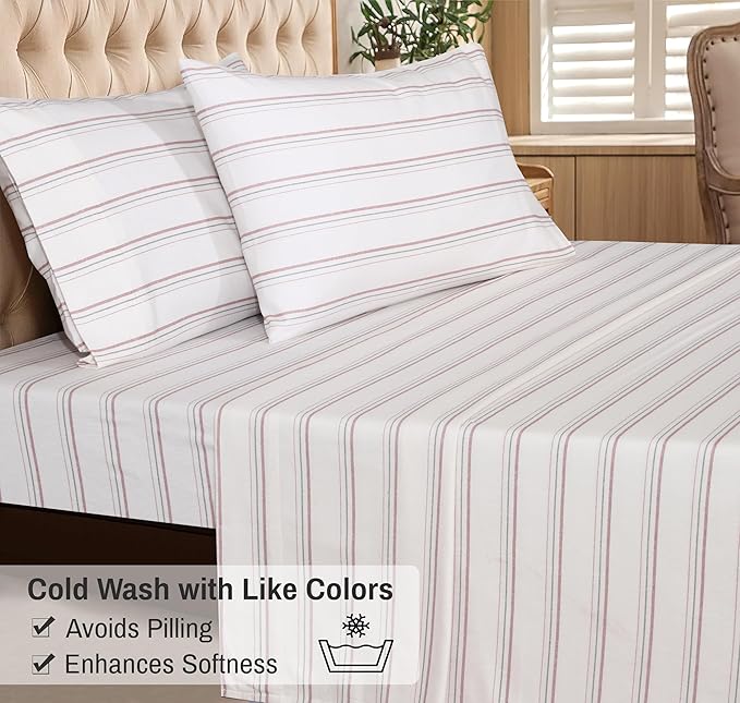 RUVANTI Flannel Sheets Queen Size - 100% Cotton Double Brushed Bed Sheets, Deep Pockets 16 Inches Queen Sheet Set, All Seasons Breathable & Extra Soft - Warm & Cozy, 4 Piece, Twill Stripe