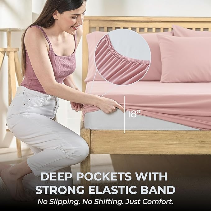 100% Natural Cotton Bed Sheets | 500 TC Single-Ply Sateen Weave Full Size Sheets | Soft, Breathable, Hypoallergenic Solid 4-Piece Bedding with Deep Pocket Fitted, Flat, Pillowcase | Blush