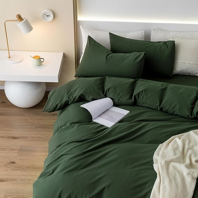 JIYUAN 100% Washed Cotton Duvet Cover Set 3 PCS Super King Plus, 1 Duvet Cover 120x120 Inches(Comforter Not Included) and 2 Pillowcases,Linen Feel Bedding Set Comfy and Breathable,Forest Green