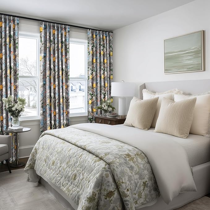 Floral Grey Pinch Pleated Blackout Curtains,Mid Century Botanical Printed Curtains 96 Inches Long for Living Room Bedroom,Vintage Floral Lemon Hummingbird Colorful Drapes, 2 Panels