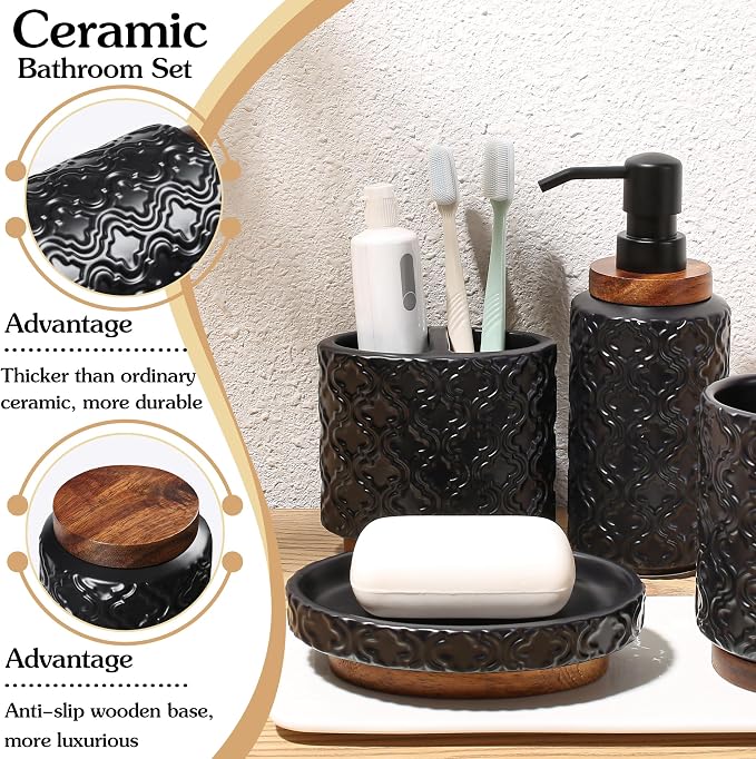 RQYIXI Elegant 4 PCS Ceramic&Wood Bathroom Accessories Set:Soap Dispenser,Toothbrush Holder,Tumbler,Soap Dish,Easy to Clean,Quatrefoil Pattern,Black-Affordable Luxury for Home Decor Enthusiasts