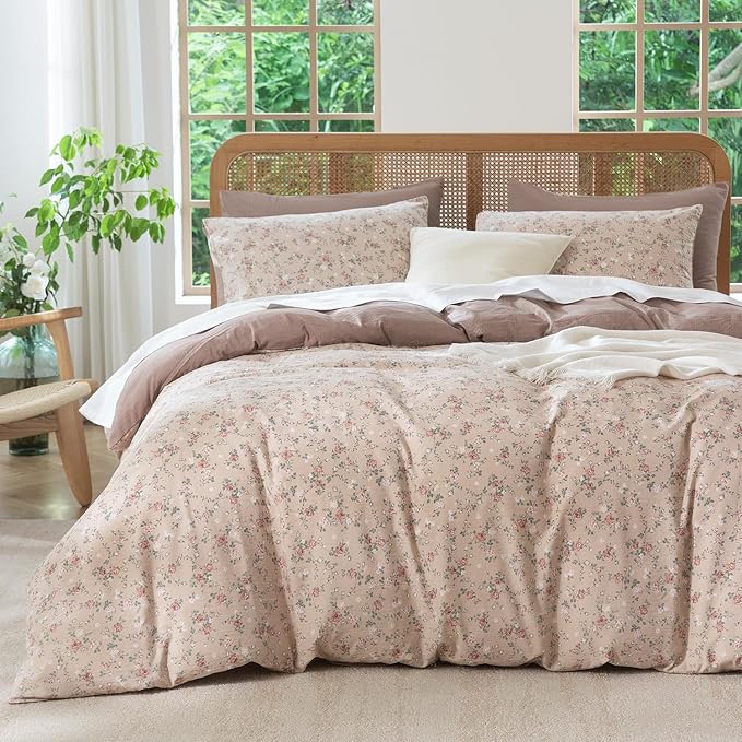 King Size Comforter Set Floral Soft 3 Pieces Chic Crinkle Gauze Fabric Garden Style Vintage Floral Print Botanical Comforter for All Seasons Luxury Warmth Comfy Breathable with 2 Pillowcases