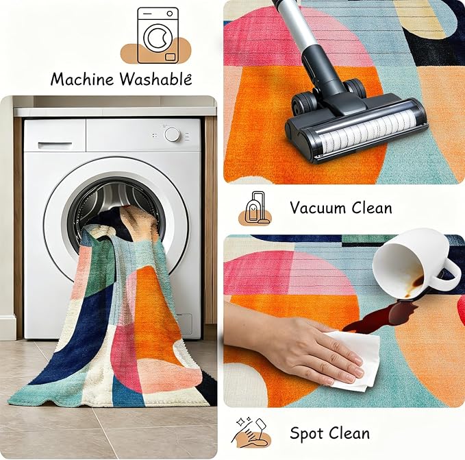 8x10 Colorful Area Rug Modern Abstract Orange Yellow Pink Blue White Beige Black Bedroom Rug Low Pile Thin Large Carpet Living Room Non Slip Dining Room Stain Resistant Office Washable Machine