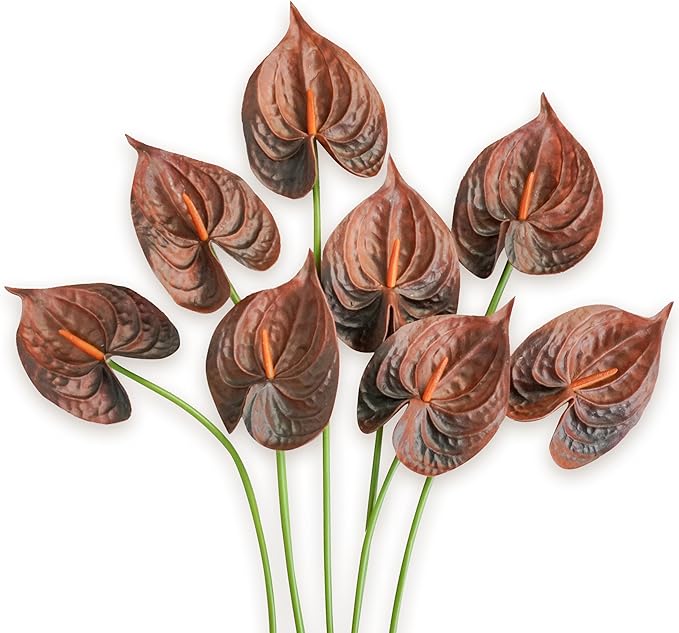 Real Touch Anthurium Artificial Flowers, 8pcs Brown Faux Tropical Flowers with Stems for Boho Wedding Bouquets, Rust Fall Centerpieces & Jungle Party Decoration