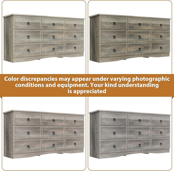 9 Drawer Dresser for Bedroom, 63'' Grey Chest of Drawers Wood, Large Storage for Clothes, Vintage Design, for Living Room, Bedroom, Hallway