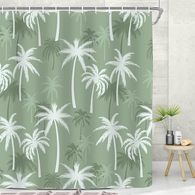 Tropical Palm Tree Shower Curtain, Summer Hawaii Coconut Tree Sage Green Bathroom Curtain Decor, Polyester Waterproof Bath Curtian Accessory Set 12 Hooks 72x72 inch