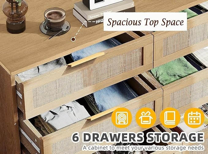 Fsbecl Rattan 6 Dresser for Bedroom, Chest of Drawers, 59'' Wide Modern Wooden Dresser Chest with Golden Handles, Storage Cabinet for Closet, Living Room, Entryway, Natural