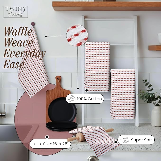 TWINY threads Waffle Kitchen Towels 100% Cotton Set of 4, Ultra Absorbent Dishcloth Set, Absorbent, Quick Dry & Soft Waffle Texture Cloths for Drying Dishes & Household Cleaning, Rust & White