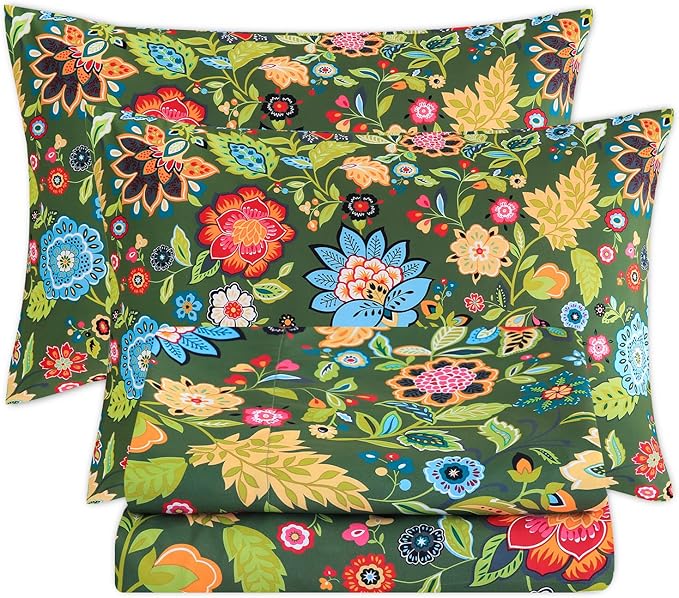 Bedlifes Queen Size Extra Deep Pocket Sheet Sets - Fits Mattresses Up to 18-24" Thick, 4-Piece Microfiber Set with 1800 Thread Count, Soft, Smooth, Breathable, Featuring Floral Dark Green
