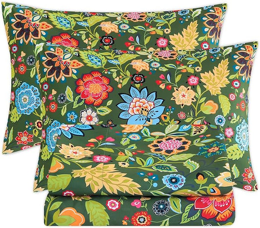 Bedlifes Queen Sheet Set Ultra Soft, Breathable, Silky Flower Deep Pocket 100% Microfiber Bedding, 4 Piece Queen Size with Floral Dark Green