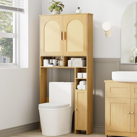 Homhedy 67" H Over The Toilet Storage Cabinet, Boho Bathroom Organizer with Rattan Decorated Doors, Adjustable Shelves, Toilet Paper Holder, Space-Saving Bathroom Shelf for Small Spaces, Natural