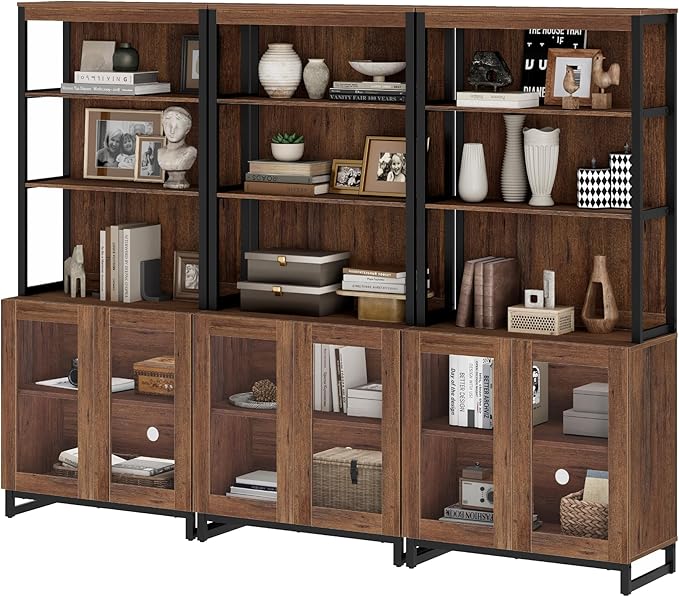 WAMPAT 3 PCS Modern 72" Tall Bookcases with Glass Doors and Adjustable Shelves, Library Book Shelf with Storage Cabinet and Open Book Shelfs, Wood Bookshelves for Home Office, Living Room, Brown