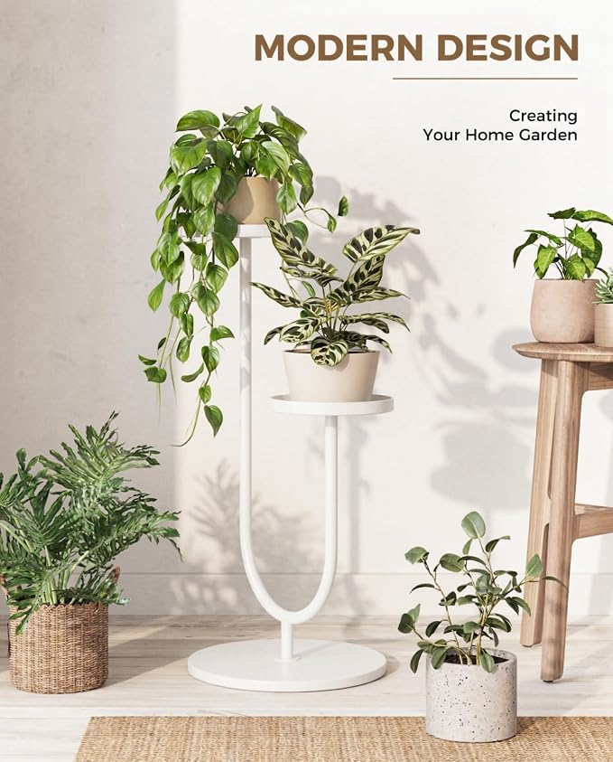 Bamworld Metal Plant Stand Indoor Corner Plant Stands 2 Tier Plant Shelf for Tall Plant Holder Black Plant Shelves for Living Room Bedroom Midcentury Modern Home Decor(White)