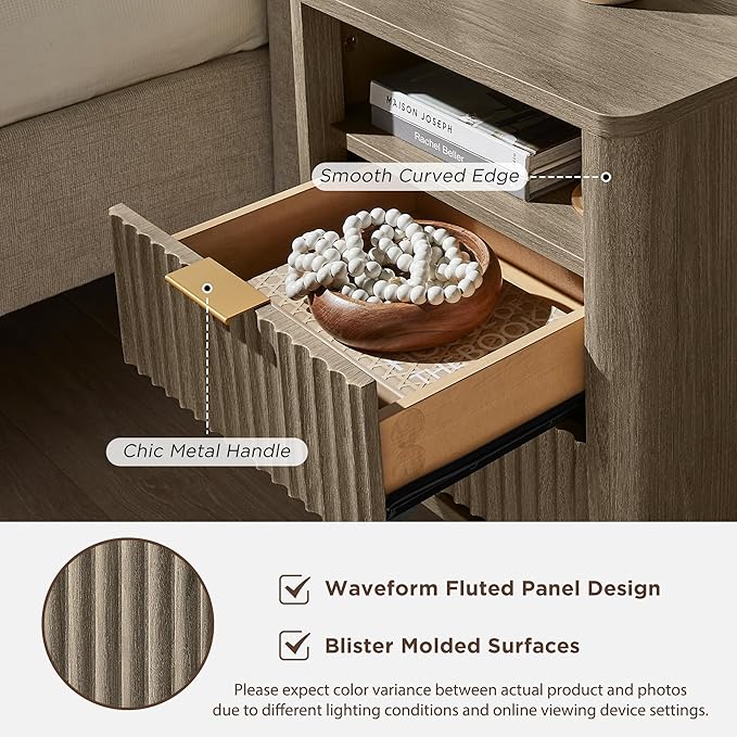 T4TREAM Fluted Nightstand with Charging Station, 18" Modern Side Table with 2 Drawers, End Table w/Storage, Bedside for Bedroom, Living Room, Curved Profile Design, Grey Alder