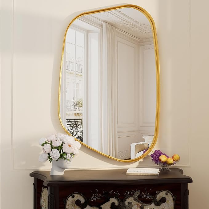 Irregular Wall Mirror 26"x40" Bathroom Mirrors Asymmetrical Artistic Decorative for Living Room Bedroom Bathroom Hallway Entryway,Trapezoid,Gold