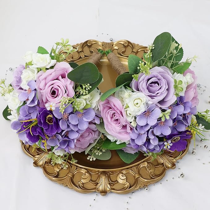 Bridesmaid Bouquets for Wedding - 7 Inch Artificial Flowers Bouquets for Ceremony Anniversary Centerpieces Decorations - Lilac & White