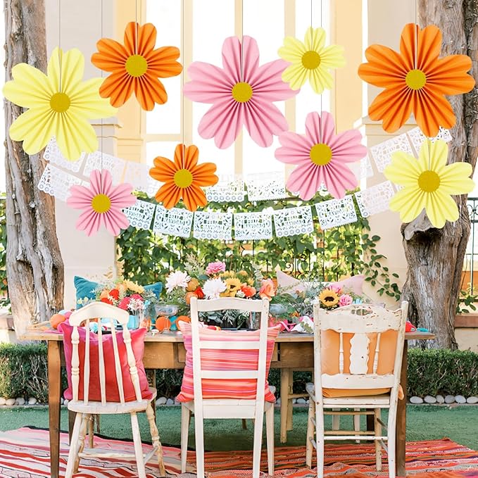 YUNXUAN Pink and Orange Party Decorations Paper Fan Paper Flowers Decorations for Wall Floral Backdrop Classroom Baby Shower Birthday Flower Wall Decor Pack of 9 Pink Orange