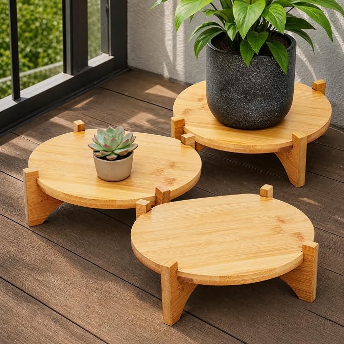 Pumtus 2 Pack Small Plant Stand, Wood Indoor Planter Stand, Bamboo Detachable Flower Pot Holder, Mid Century Potted Plant Rack for Outdoor Garden Home, Fits Up to 8 Inch Planter (Pot Not Included)