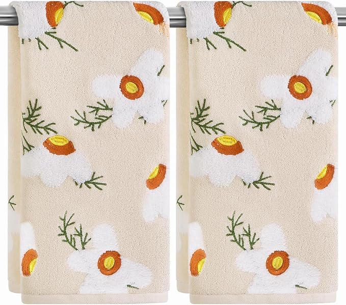 Quera 2 Pack Hand Towels Spring Summer Beige Embroidered Flower Daisy Farmhouse Boho Cotton Bathroom Decorative Towels Set for Bath Kitchen Home Decor Gifts, 13.7'' x 29.5''