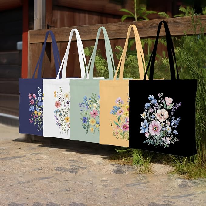 Decohim Multiple Packs Floral Japanese Print Canvas Tote Bag Reusable Grocery Bags Gifts for Women Girls Birthday Christmas