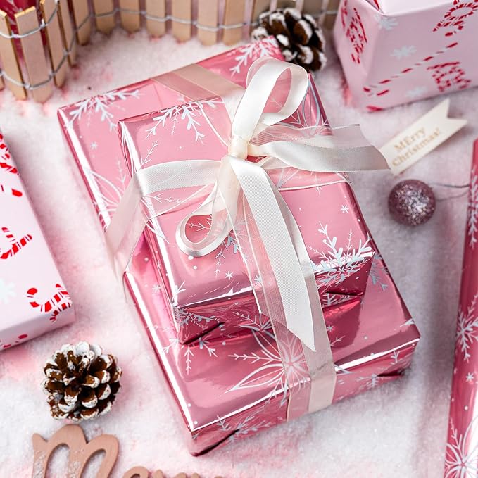 MAYPLUSS Pink Christmas Wrapping Paper Roll - 17IN X 33FT - Christmas Gift Wrapping Paper Featuring White Snowflake Reversible Candy Cane for Kids, Holiday, New Year