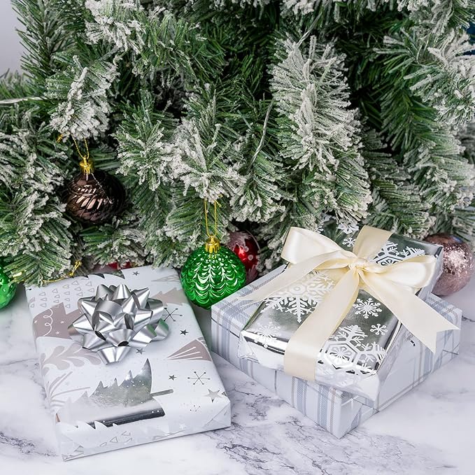 LeZakaa Christmas Wrapping Paper Mini Roll, Silver Metallic Foil Paper - Tree/Snowflake/Plaid Design for Gift Wrap, Arts Crafts - 17 x 120 inches - 3 Rolls (42.5 sq.ft.ttl.)