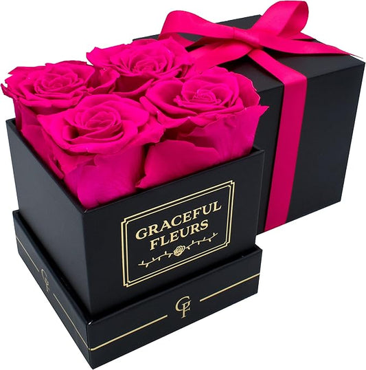 Graceful Fleurs | Real Long Lasting Roses for Years | Preserved Fresh Flowers for Delivery Birthday | Birthday Gifts for Women | Forever Roses in a Box (Radiant Pink, Black Box, 4 Roses)