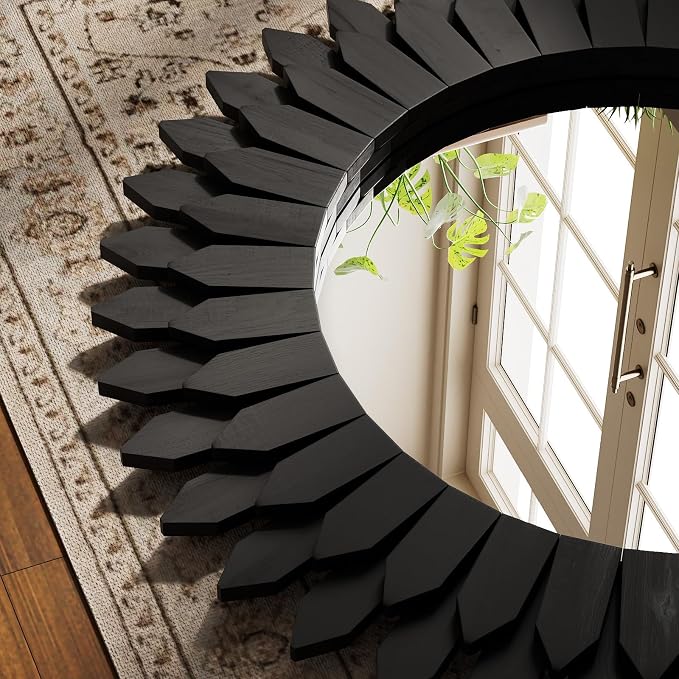 Boho Wood Sunburst Round Wall Mirror, 24 Inch Rustic Circle Wooden Frame Decorative Mirror for Farmhouse Coastal Home, Home Wall Decor for Living Room Entryway Bedroom, Light Wood