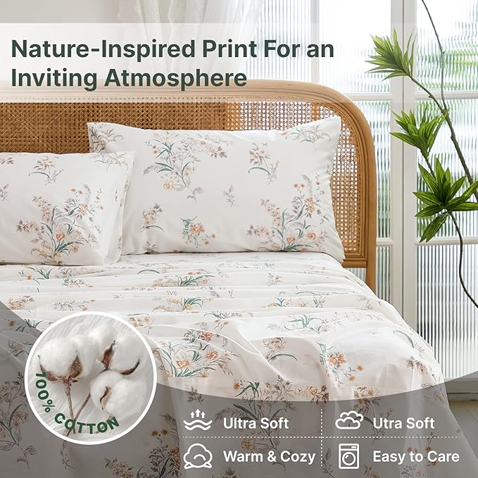 100% Cotton Sheet Set King Size – 4-Piece Shabby Chic Floral Bedding Set, Soft Breathable Percale Weave, Deep Pocket Fitted Sheet 17.5", Crisp Cool Feel, Refined Botanical Elegance