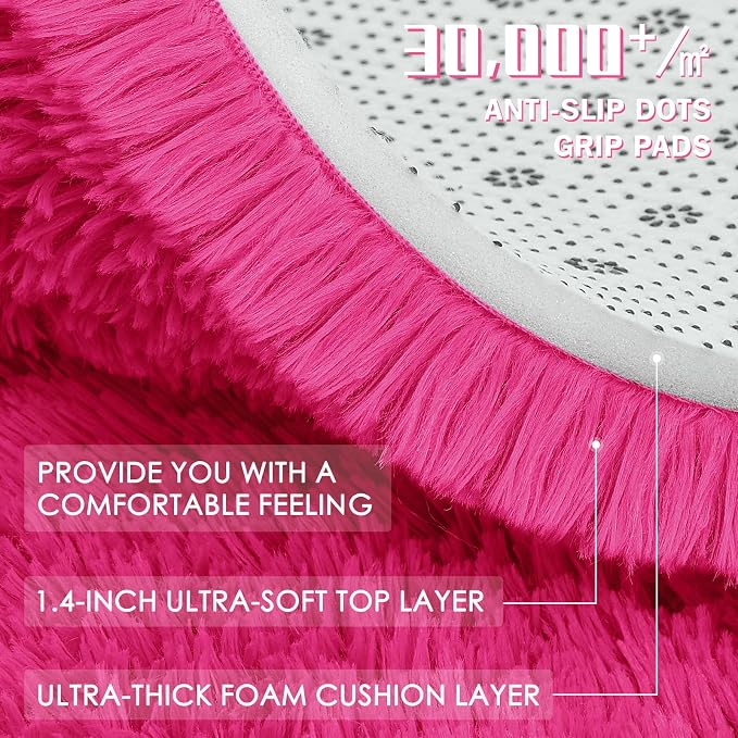 OLANLY Hot Pink Round Rugs for Bedroom - Machine Washable, 3 ft Circle Area Rugs for Living Room, Soft and Fluffy Shaggy Carpet for Teen Girls and Boys, Nursery Rooms, Dorms, Home Decor Aesthetic
