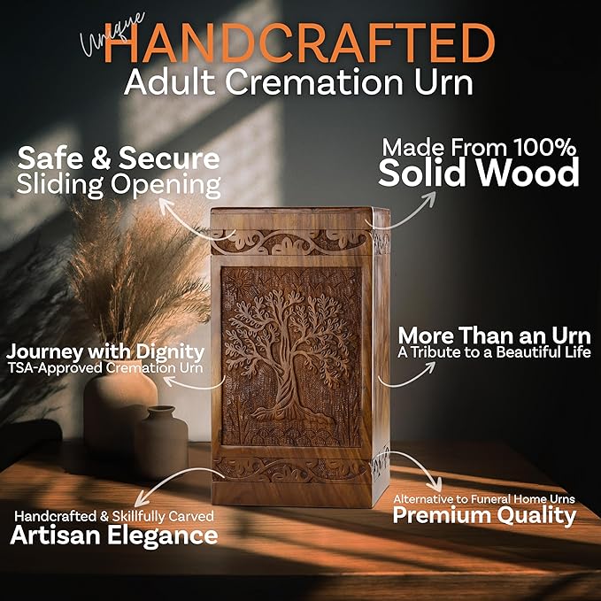 INTAJ Handcarved Wooden Cremation Urn for Human Ashes - Tree of Life Design, 250 lbs Capacity, Suitable for Adult Men and Women - Decorative Funeral Urn Box and Casket