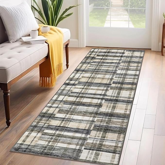 Washable Runner Rug 2x6 Runners Modern Bathroom Rugs Contemporary Plaid Low Pile Farmhouse Small Non Slip Kitchen Rug Stain Resistant Carpet for Entryway Living Room Bedroom, Green/Brown 2'x6'