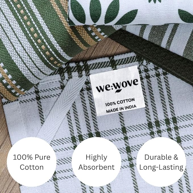 WeWove Assorted Kitchen Towels Set of 5-100% Cotton Dish Cloths Towels with Hanging Loop - Soft Absorbent Washable Reusable for Kitchen Use - Quick Drying 16x26 inch Dish Towels Green