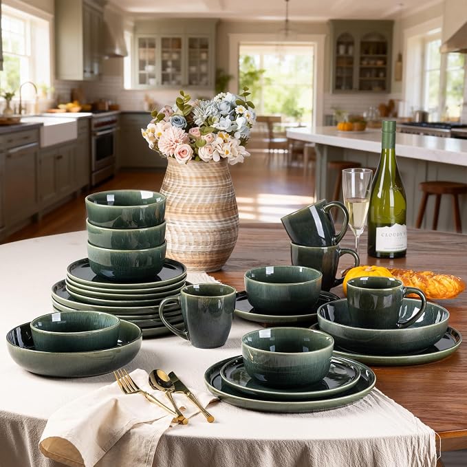 GBHOME Ceramic Dinnerware Sets for 4, 12 Pieces Stoneware Plates and Bowls Sets, Scratch Resistant Dishes, Dishwasher & Microwave Safe, Reactive Glaze-Earth Green