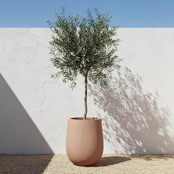 18.7" H Round Planter — Lightweight Magnesium Oxide Cement, Striped Textured Finish, Large Planter with Drainage Hole for Indoor & Outdoor
