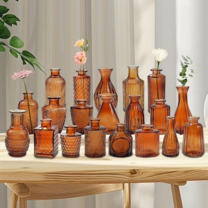 Amber Glass Bud Vases Set of 20,Small Flower Vases for Wedding Centerpieces,Mini Bud Vases in Bulk Amber Glass Vase for Table Decoration,Home Decor