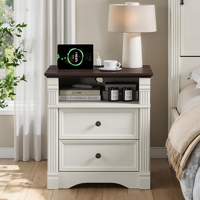 White Nightstand with Charging Station, Farmhouse Wood Bedside Table & End Table with 2 Drawers and Chic Wood Pilasters Design, Side Table Storage Cabinet with Metal Handles for Bedroom, Living Room