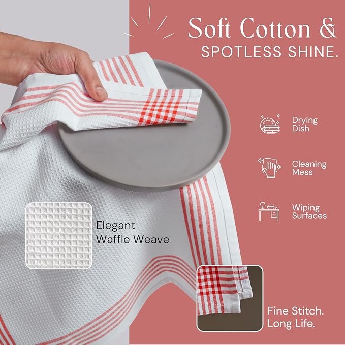 Waffle White & Red Kitchen Dish Towels, Set of 12, 100% Cotton 16x26 inches, Absorbent Tea Towel, Multi-Purpose Hand Cleaning Towel, Strong and Reusable Dish Cloths for Drying Dishes