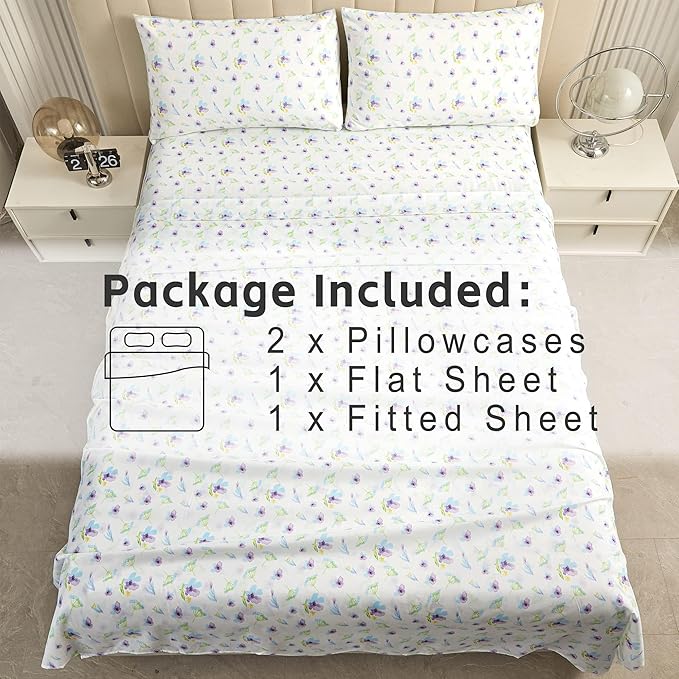 Softan Floral Full Sheet Set Blue Purple Flower Printed Bed Sheets, Soft Microfiber Patterned Fitted Sheets Full with 15" Deep Pocket & Non-Slip Straps, Summer Cooling Sheets & Pillowcase Set