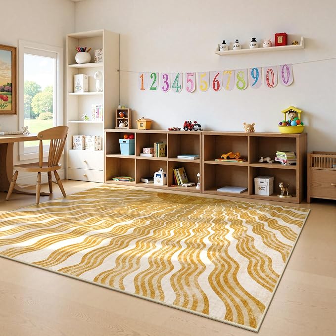 Hedlive Boho Machine Washable Rug 6x9, Sun Print Soft 6x9 Nursery Rug for Bedroom Classroom, Ultra-Thin Non Slip Kids Large Carpet for Living Room Playroom Office(6'x9',Gold/Multi)