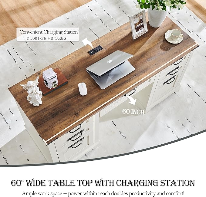 RedLemon 60" Farmhouse Executive Desk, Home Office Desk with Drawers, Charging Station, Keyboard Tray, File Drawer, Storage Cabinet, Wood Rustic Computer Writing Desk (Antique White)