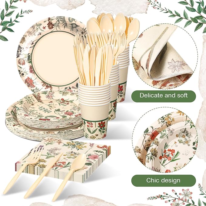 Roshtia 50 Set Floral Party Supplies Flower Paper Plates Napkins Tablewares Disposable Flower Dinnerware for Girls Women Floral Birthday Tea Party Decorations Favors