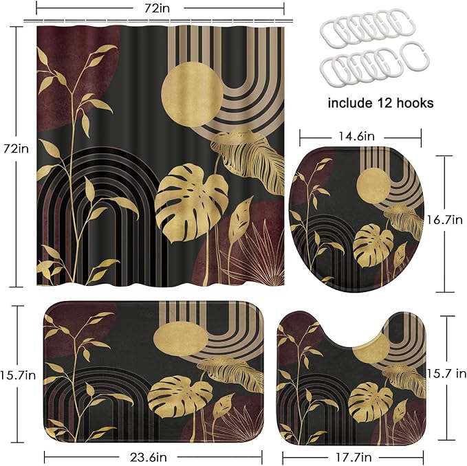 Boho Vintage Shower Curtain Set with Toilet Lid Cover and Non-Slip Rugs, Gold Tropical Minimalist Neutral Grey 4 Pcs Modern Minimalist Vintage Shower Curtain for Bathroom Set with 12 Hooks