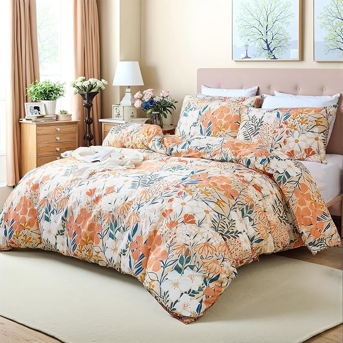 100% Cotton Duvet Cover Queen Size – Autumn Botanical Floral Duvet Cover Set with Zipper Closure, 3-Piece Soft Breathable Percale Weave Bedding Set for All Seasons