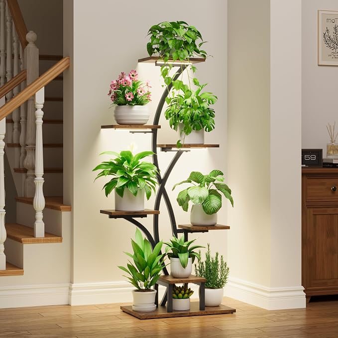 Plant Stand Indoor with Grow Lights - 47" Corner Plant Stands for Indoor Plants, 7 Tiered Plant Shelf for Multiple Plants, Metal Flower Display Holder, Flower-Shaped Plant Rack for Living Room, Patio