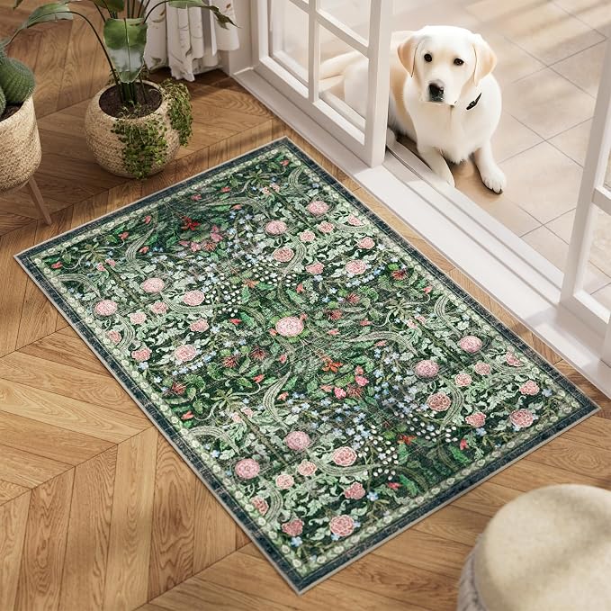 AMTOVO 2x3 Washable Entryway Area Rug Door Mat, Vintage Boho Floral Distressed Print Non-Slip Carpet, Small Throw Rug for Indoor Entrance Kitchen Bedroom Bathroom Laundry Floor, Dark Green