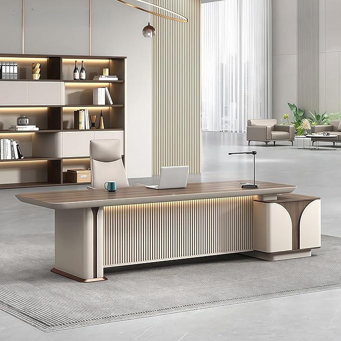 Modern L Shaped Desk, 118.1 inch Large Desk with Storage, Executive Desks for Home Office No Installation Required with Drawers and Lockable